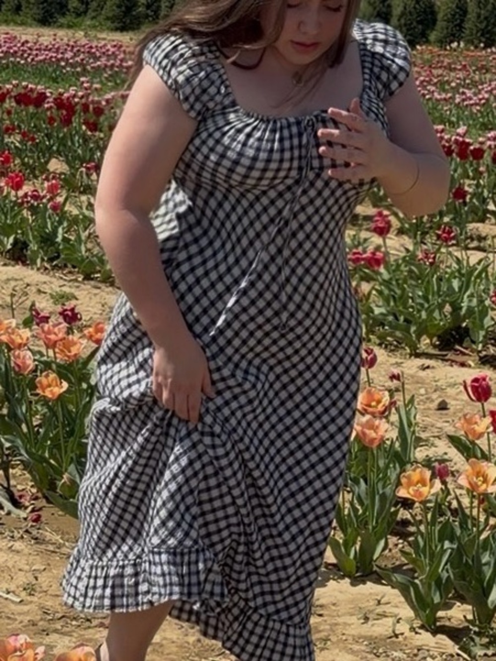 Navy and White Gingham Puff-Sleeve Midi Dress
